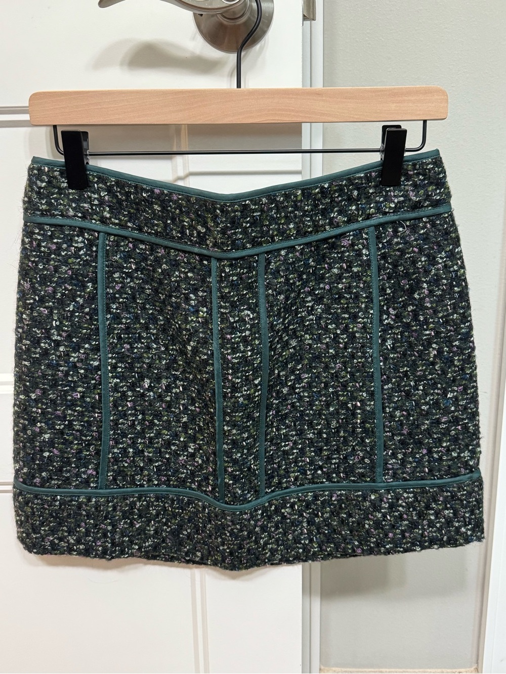 Green Tweed Mini Skirt with Contrast Piping
